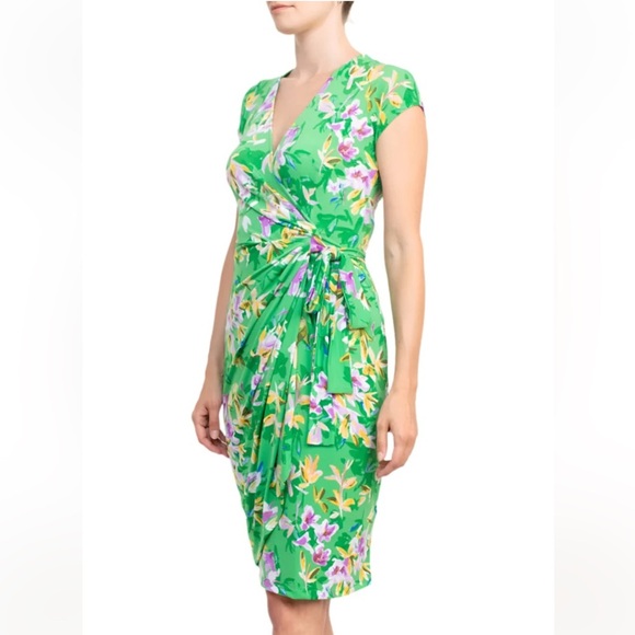 Maggy London Floral Tie Waist Midi Dress V-Neck Cap Sleeve NWT Size 8 - Picture 3 of 14